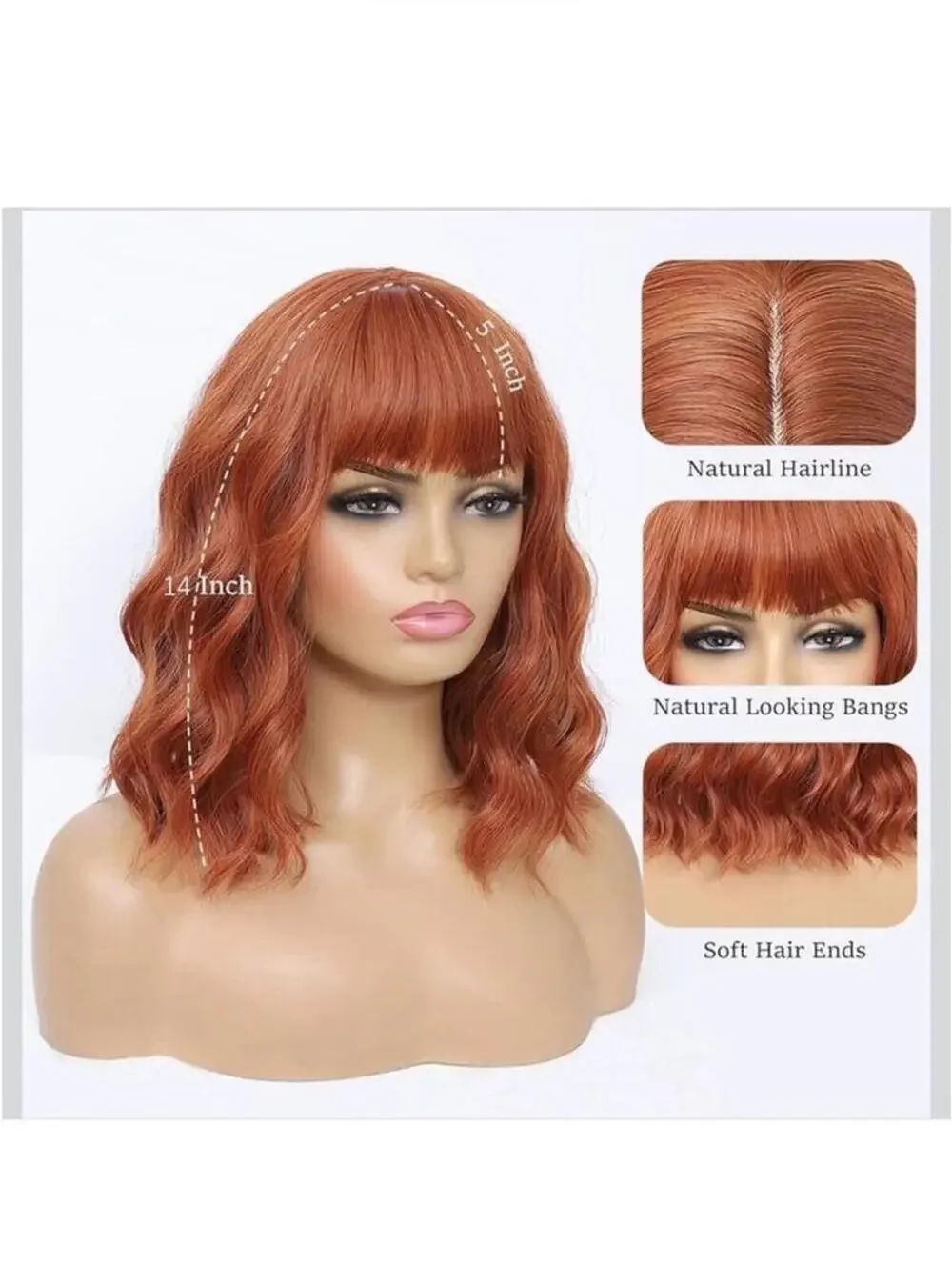 Wavy Copper Red Bob Wig with Bangs - Stylish Womens Synthetic Hair - New in Box